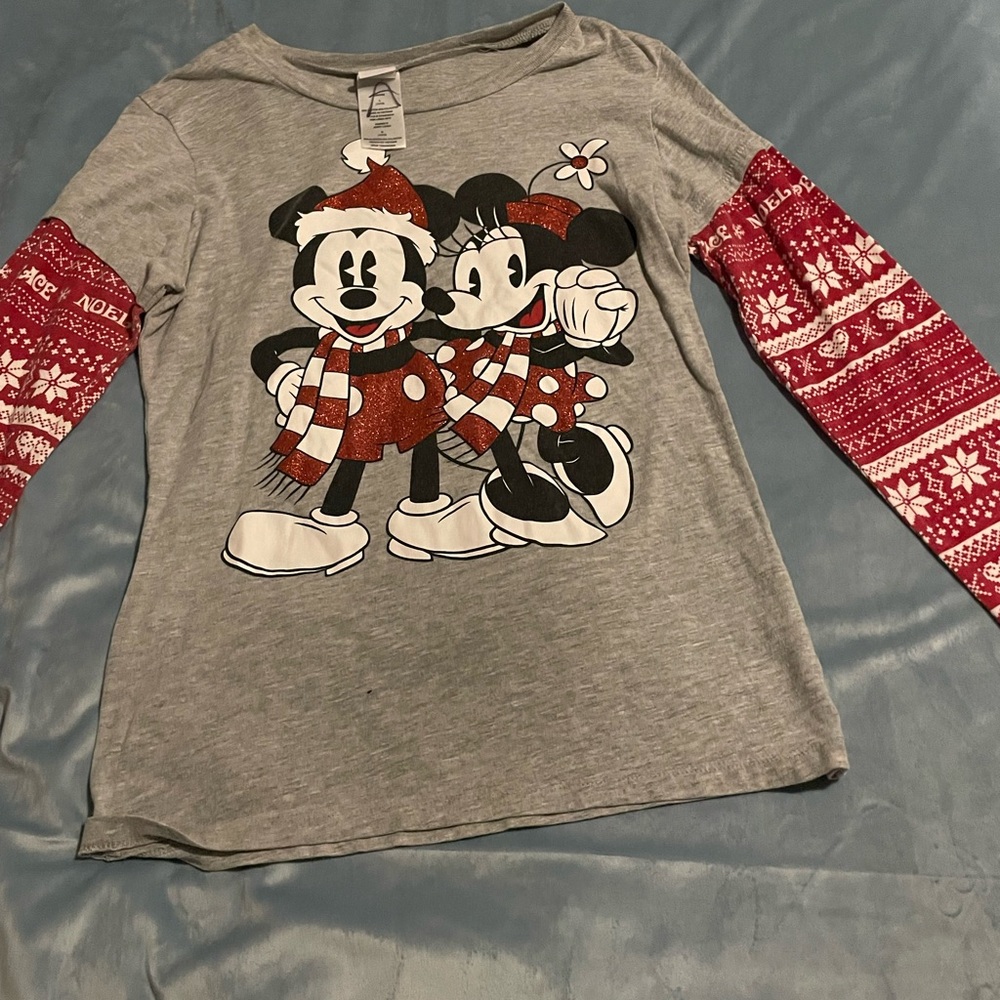 Disney Kids Gray and Red Mickey & Minnie Holiday Long Sleeve Tee